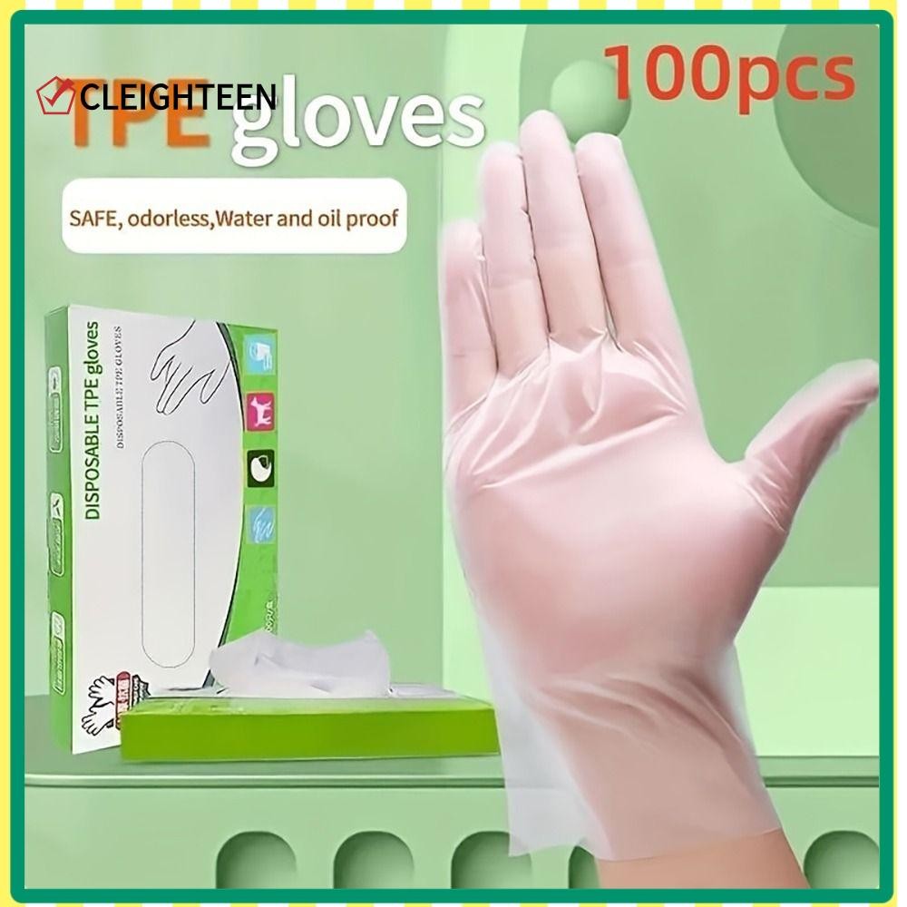 Cleighteen ถุงมือแบบใช้แล้วทิ้ง 100 ชิ้น, ถุงมือทําความสะอาดโปร่งใสเกรดอาหาร, ครัวเรือน TPE ลื่นกรดทํางานความปลอดภัยถุงมือยางฟรี