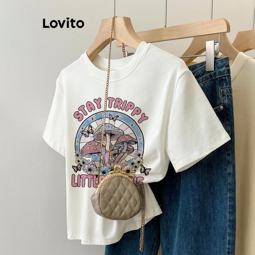 Lovito เสื้อยืดผู้หญิง สีพื้น พิมพ์ลาย สไตล์ลำลอง LNE60257