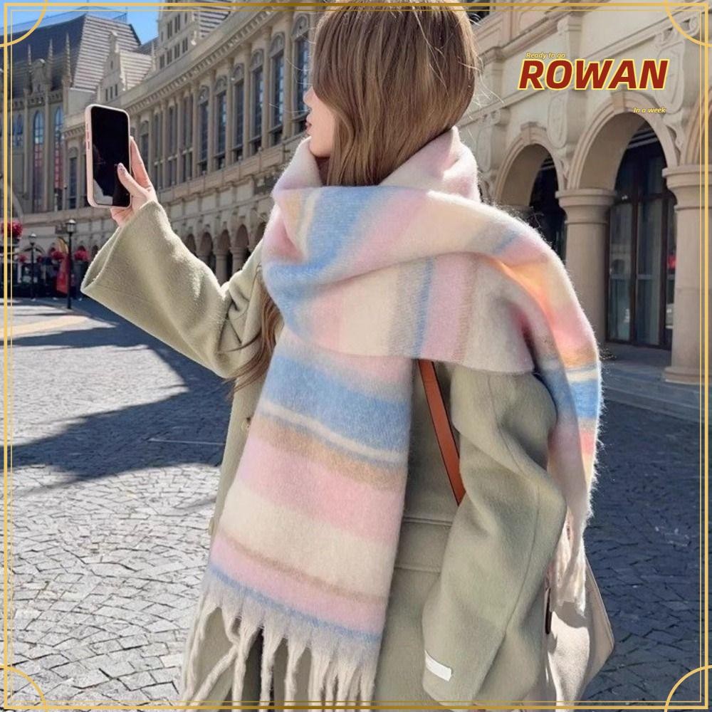 Rowans ผ้าพันคอลายทางสีสันสดใส, ผ้าพันคอแคชเมียร์เลียนแบบย้อนยุคฤดูหนาว, ผ้าคลุมไหล่อุ่นสไตล์ Maillard แฟชั่นระดับไฮเอนด์