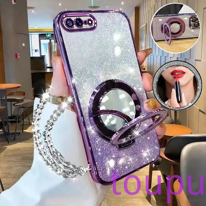 เคส iPhone 7 plus 8 plus 6 plus 6s plus 7 8 6 6s SE 2020 เคสโทรศัพท์กลิตเตอร์เคลือบด้วยไฟฟ้าหรูหราพร้อมที่ใส่กระจกแต่งหน้าความงามพร้อมสร้อยข้อมือเคสแบบนุ่ม กรณีโทรศัพท์ iPhone 7 plus 8 plus 6 plus 6s plus 7 8 6 6s SE 2020