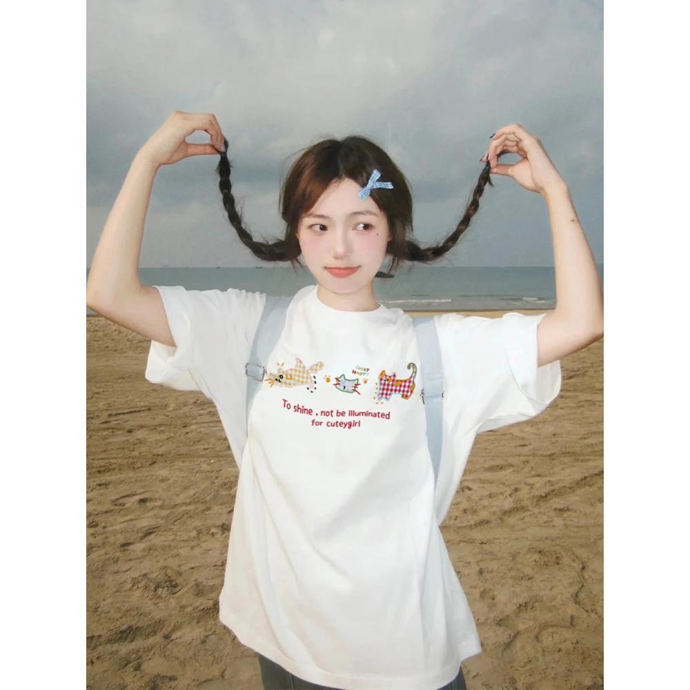 【ส่งจากไทย】เสื้อยืดลายการ์ตูนผู้หญิงน่ารักๆ เสื้อผ้าวินเทจ สีครีม สไตล์​เกาหลี โอเวอร์ไซต์สกรีนลายเท่ คอกลมแขนสั้น
