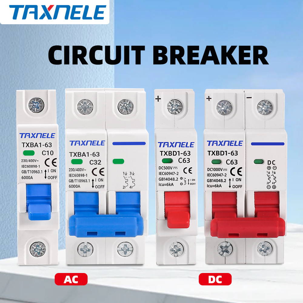 Taxnele AC DC MCB SOLAR 1P 2P Mini Circuit breaker Air Switch 32A 63A Overload Short Circuit Protect