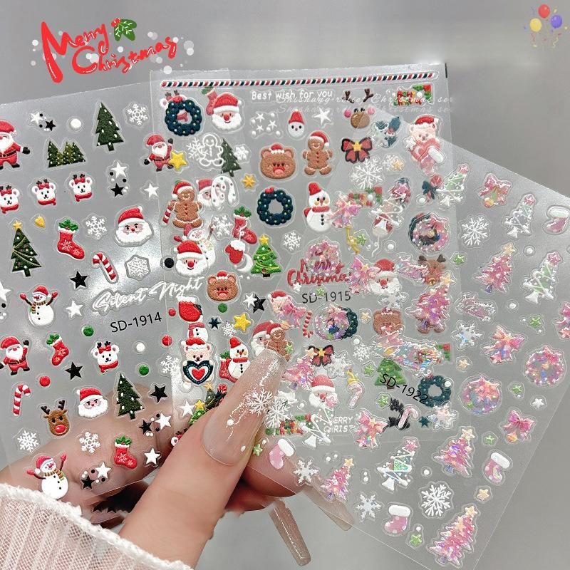 [CO] สติ๊กเกอร์ติดเล็บคริสต์มาส 3D บรรเทาฤดูหนาว Snowflake Bear สติ๊กเกอร์ติดเล็บสําหรับผู้หญิงและสาว Santa Claus สติ๊กเกอร์ติดเล็บ Art Decorstion TH