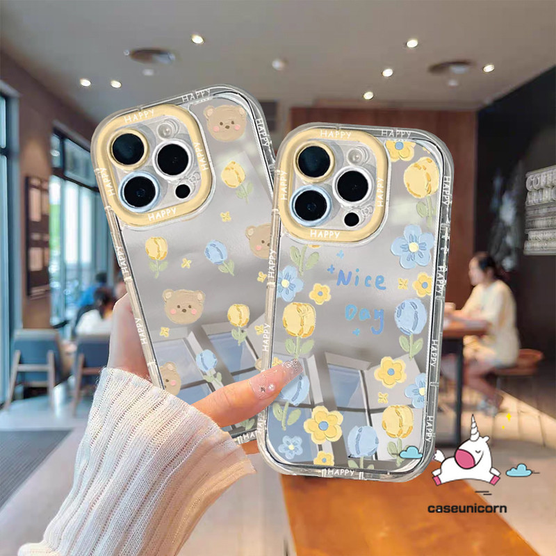 SAMSUNG การ์ตูนดอกไม้หมีสร้อยข้อมือสําหรับsamsung A05s A12 A15 A14 A02s A05 A35 A54 A24 A55 A03 A13 A34 A25 A10s A03s A51 M12 M01Sน่ารักTulipกรณีศิลปะกระจกอินเทรนด์