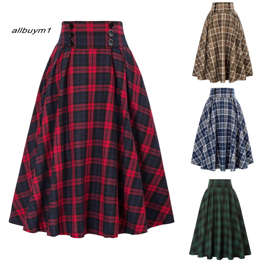 Hew-ผู้หญิงกระโปรงเอวสูงเอวยางยืดbig Hem A-line Colorblockลายสก๊อตพิมพ์ข้อเท้าหลวม