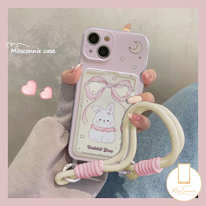 Moon Stars กระต่ายน่ารักสีชมพู Bowknot ภาษาอังกฤษสําหรับ IPhone 13 15 14 16 11 12 Pro Max XR 7 6s 16 8 15 6 Plus X XS Max SE 2020 Luxury กระเป๋าสตางค์ช่องใส่การ์ด Soft Case