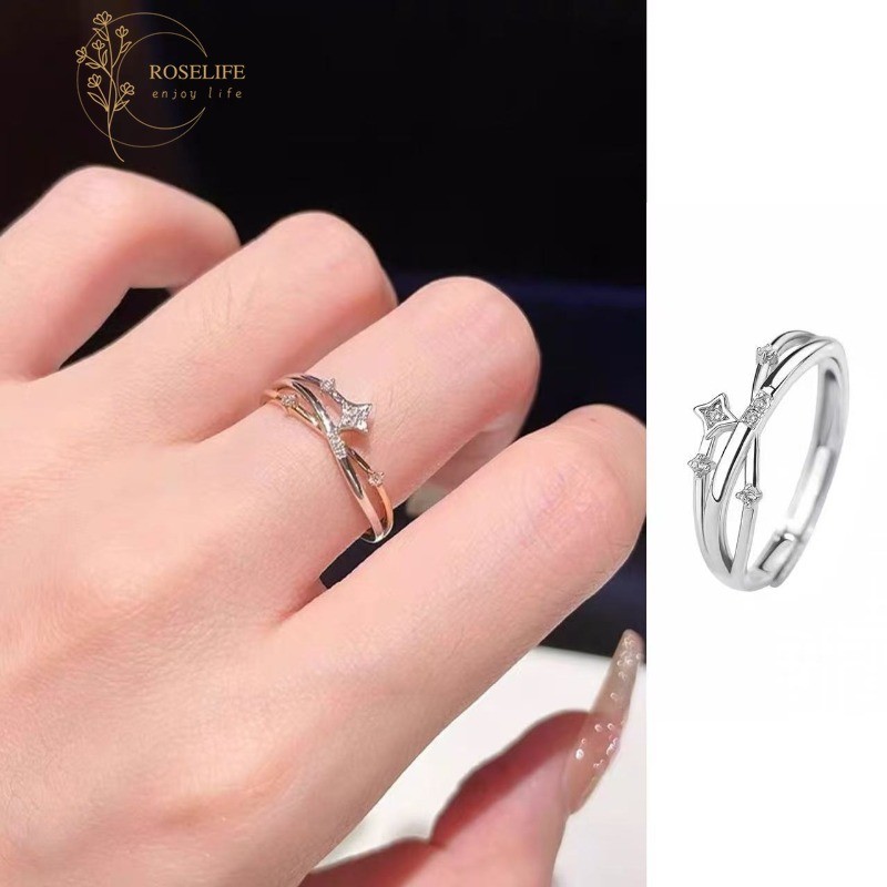 Roselife ที่ละเอียดอ่อน S925 เงิน Gentle Chic Shining คริสตัล Star Twist แหวนผู้หญิงแฟชั่น Finger Cuff แหวนเครื่องประดับทุกวันอุปกรณ์เสริมของขวัญ