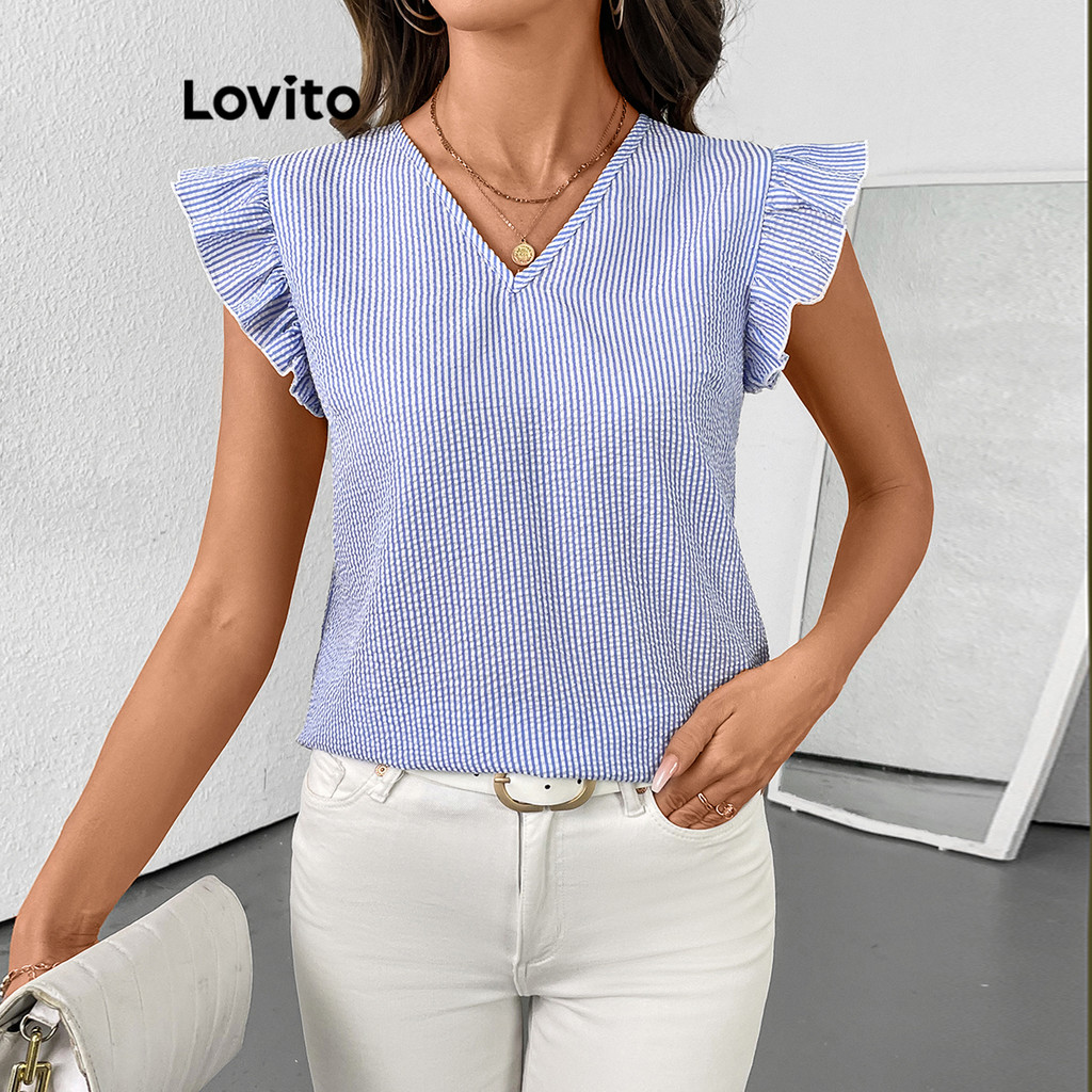 Lovito เสื้อเบลาส์ผ้าลูกไม้ติดกระดุมเรียบหรูสำหรับผู้หญิง LBL18488