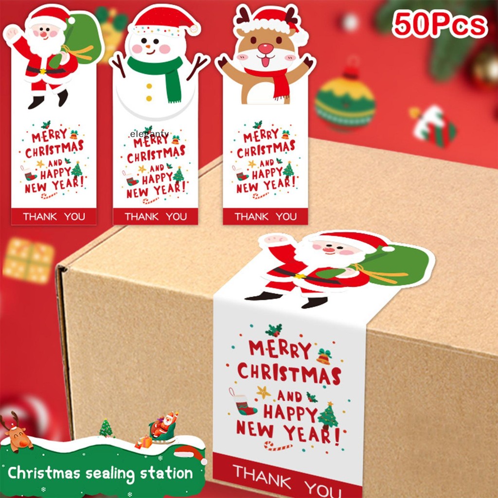 Egn 50 ชิ้น Merry Christmas สติกเกอร์สี่เหลี่ยมผืนผ้าคริสต์มาสของขวัญกล่องตกแต่งสติกเกอร์ซีลน่ารัก Santa สติกเกอร์เครื่องเขียน N