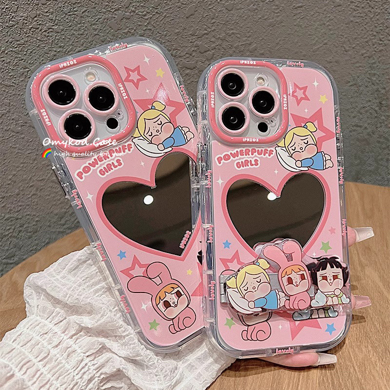 Case+Chain For OPPO A18 A38 A15 A16 A17 A58 A57 A54 A53 A79 A7 A3S A18 4G A15s A16s A54s A7 A12 A77 4G A77S A12e Realme C1 A33 A32 2020 INS Cute Little Girl Cartoon Bracket Chain Mirro Phone Case Anti Drop Protective Back Cover