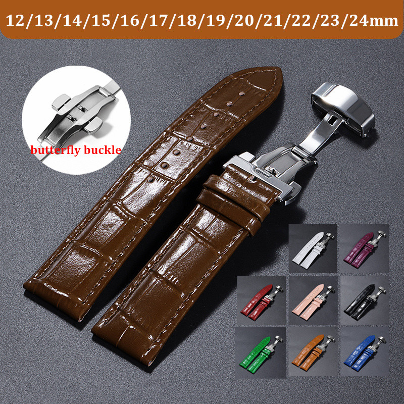 16 18 20 22 24 มม. สายนาฬิกาหนังพร้อมหัวเข็มขัดผีเสื้อ 12 13 14 15 17 19 21 23 มม. สากล ผู้หญิงผู้ชายเข็มขัดสร้อยข้อมือนุ่มธุรกิจสาย