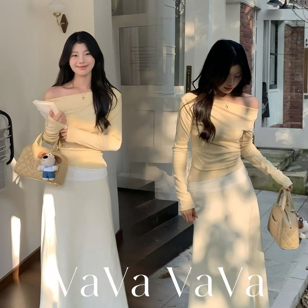 VaVa  มีสินค้า เสื้อยืดแขนยาวคอสวิงสีเหลืองสไตล์เกาหลีสำหรับผู้หญิง เสื้อแขนสั้นอเนกประสงค์สาวฮอตสีทึบ