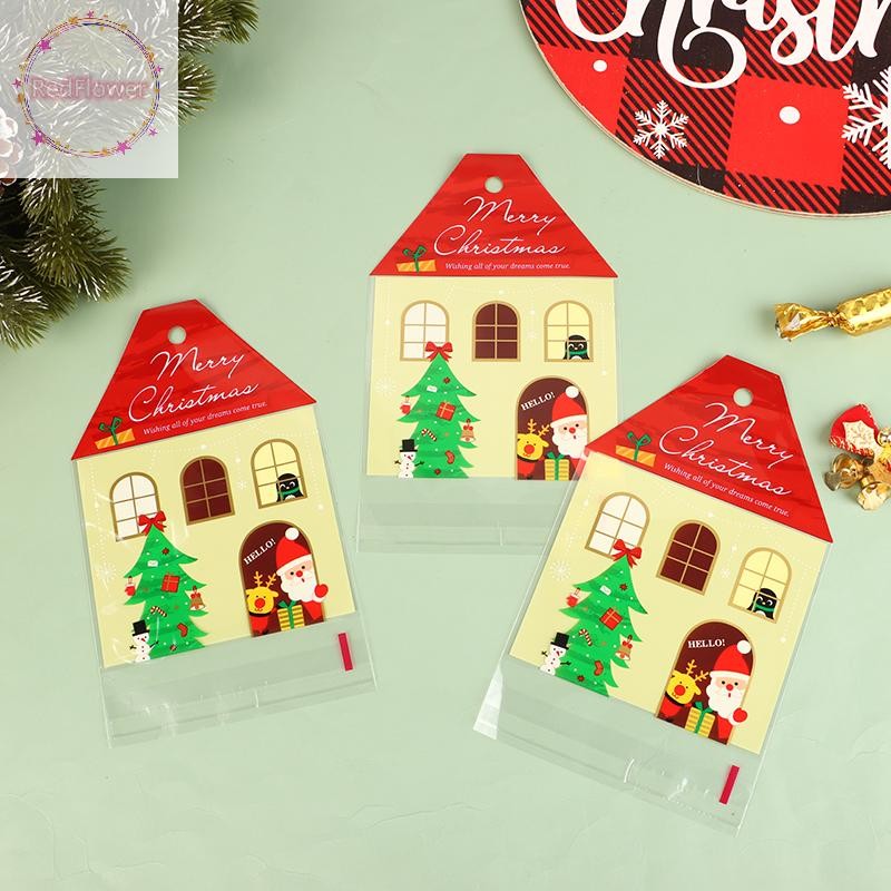 Redflower 50 ชิ้นคริสต์มาส Santa Claus บ้านรูปร่างของขวัญขนมกระเป๋า DIY คุกกี้บรรจุภัณฑ์ถุง Merry Christmas Party ตกแต่ง TH