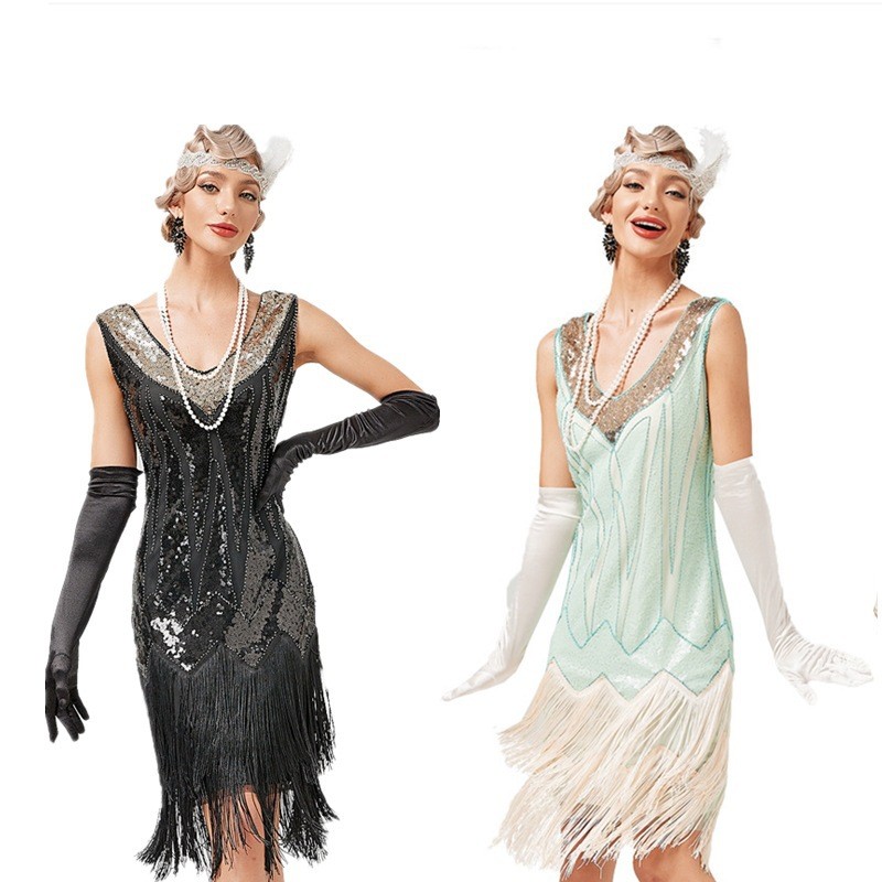ยุโรปอเมริกันย้อนยุค 1920S Retro V คอ Fringed กระโปรง Gatesby เครื่องแต่งกาย Latin Ball Sequined ลูกปัดชุด