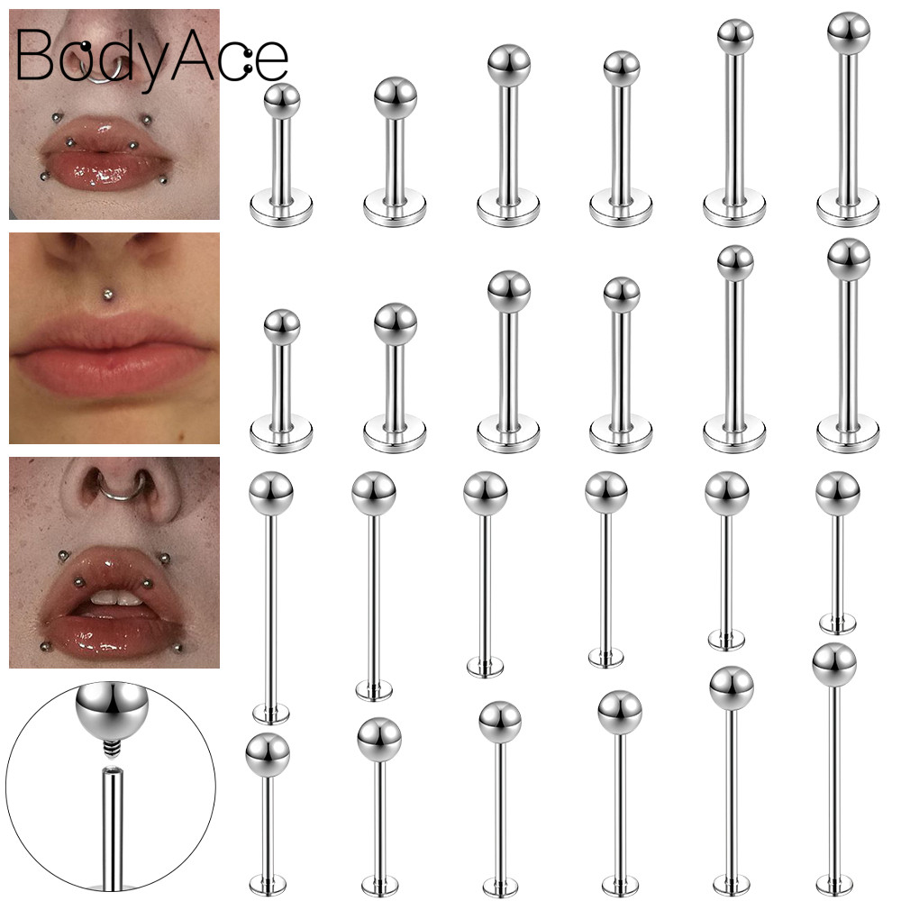 Bodyace 1 PC ยาวขนาด Lip Piercing ภายในเกลียว Lip Stud Silver Ball Ear Stud Dimple Lip แหวนสแตนเลสเครื่องประดับ