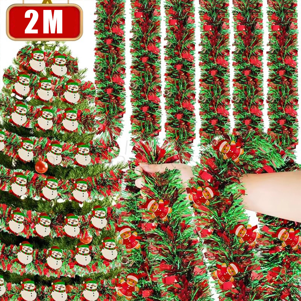 2m ตกแต่งคริสต์มาสริบบิ้น Garland - ริบบิ้นห่อต้นคริสต์มาส-สีแดงสีเขียว Tinsel พวงหรีดเครื่องประดับ - Snowman Bear Cane Garland Strip - คริสต์มาสปีใหม่ Party Decor Supplies