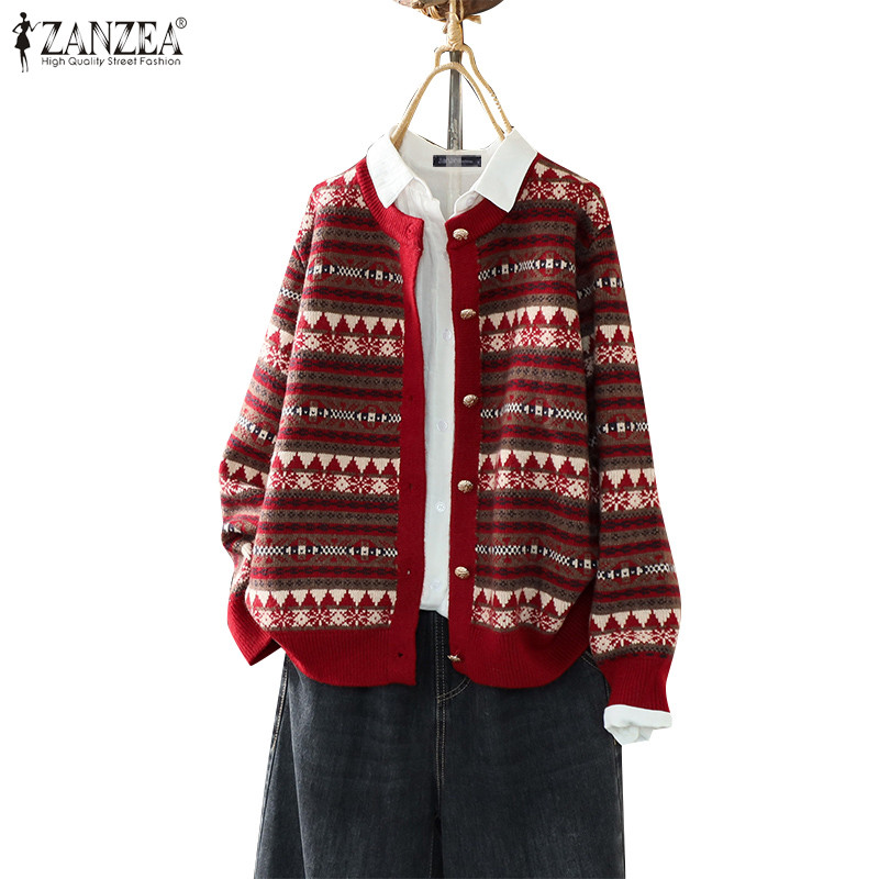 Zanzea ผู้หญิงเกาหลีลําลองเรียบง่ายแขนยาวลายไม่มีกระเป๋าเสื้อสเวตเตอร์ถัก