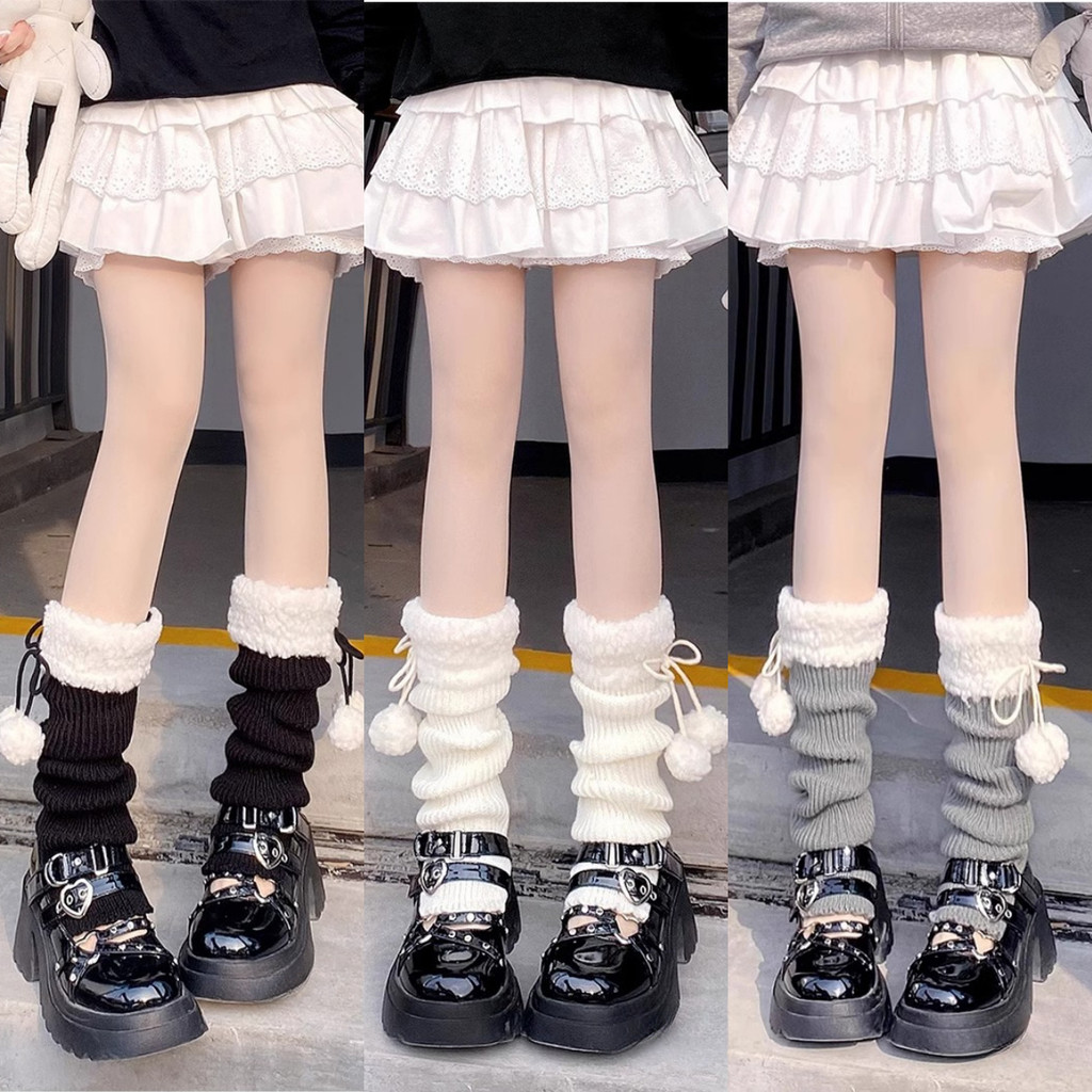 Lolita ถักขาอุ่นฤดูใบไม้ร่วงและฤดูหนาว Lolita น่ารัก Pompom ขาญี่ปุ่น Y2K Plus กํามะหยี่อบอุ่น Jk ถุงเท้าลูกวัว