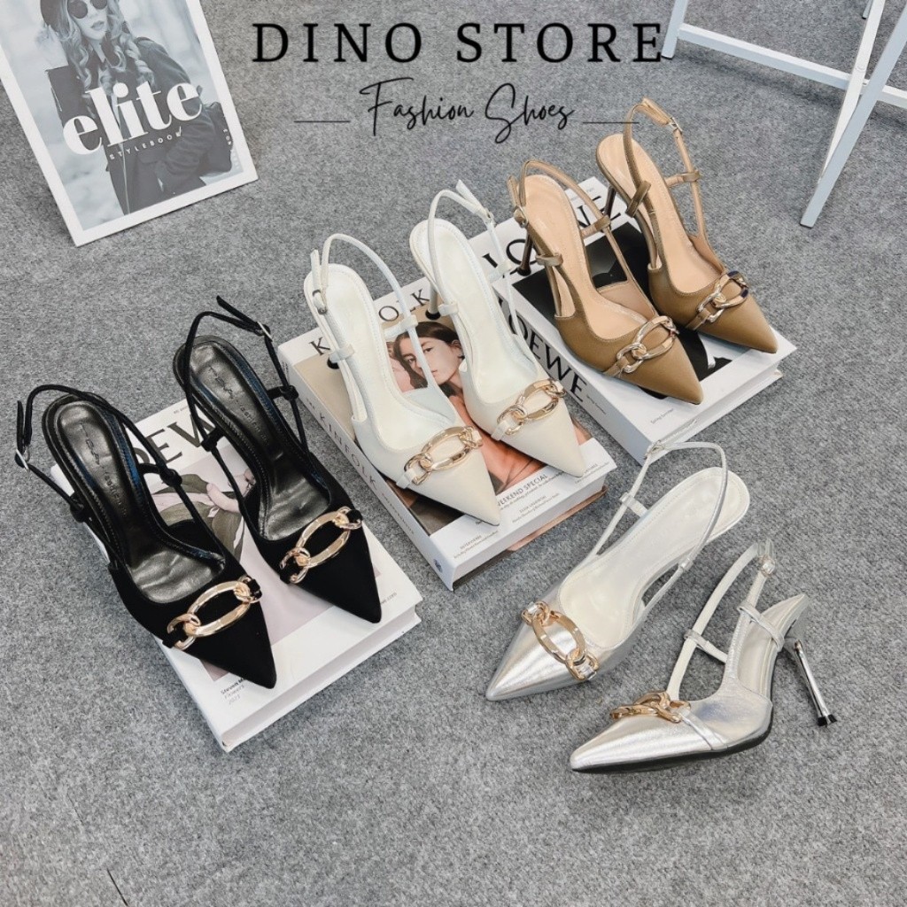 NC Store รองเท้าส้นสูง 9 นิ้ว หัวแหลม และหัวเข็มขัดโซ่ใหญ่ - รหัส Q65