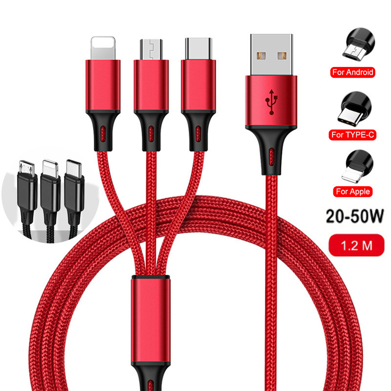 3 in 1 สายชาร์จ USB Type-C ชาร์จเร็ว สําหรับ Android Typec 1.2 เมตร USB สายชาร์จไนล่อน สายข้อมูล