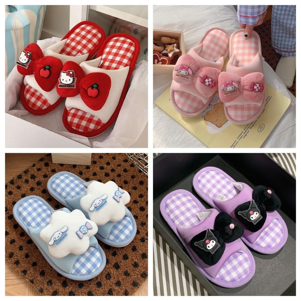 Luxeliving รองเท้าแตะ Cinnamoroll, Kitty Cat ผ้าฝ้ายและผ้าลินิน My Melody One-line รองเท้าแตะ, แฟชั่น Plush Soft Non-Slip Bow Kuromi สไลด์ผู้หญิง