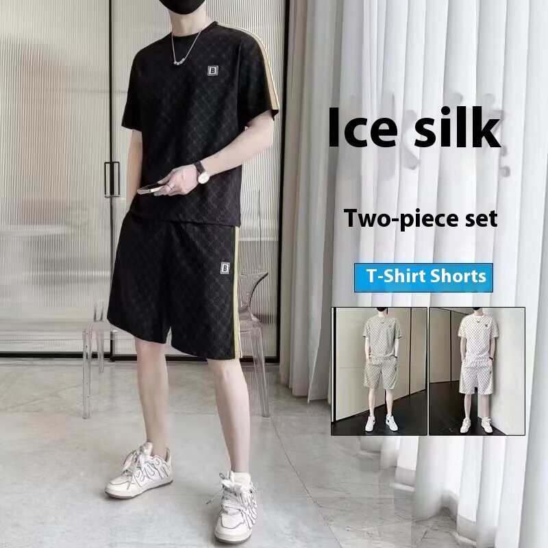 KYUSHUAD ฤดูร้อนชุดลําลองชายผ้าไหมน้ําแข็งหลวมแขนสั้นและกางเกงขาสั้นสูท