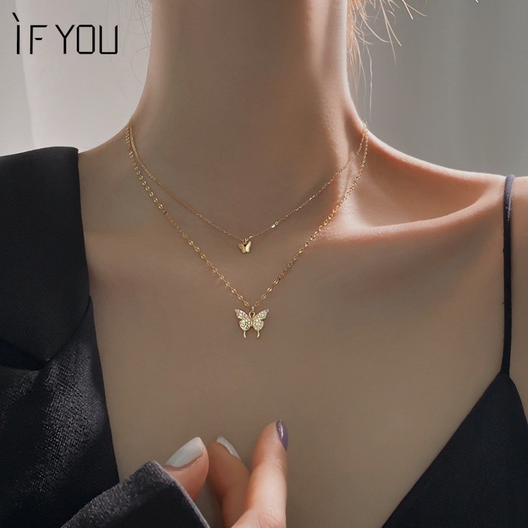 If YOU สร้อยคอผีเสื้อคริสตัลเรียบง่ายโซ่เงินทองคู่ Choker สําหรับผู้หญิงเครื่องประดับอุปกรณ์เสริม