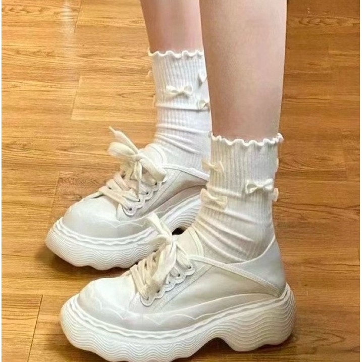 ถุงเท้าผู้หญิงญี่ปุ่น เครื่องประดับธนู น่ารัก สีทึบ