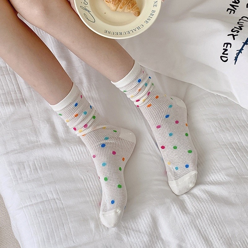 ถุงเท้า Polka Dot ถุงเท้าสี นุ่มและสะดวกสบาย น้ำหนักเบาและระบายอากาศได้