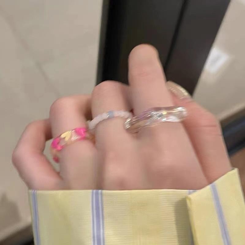 3ชิ้นหัวใจลูกปัดแหวนอะคริลิชุดนักเรียนหญิงสีโปร่งใสผิดปกติแหวนเรซิ่นของขวัญ - รูปที่ 5