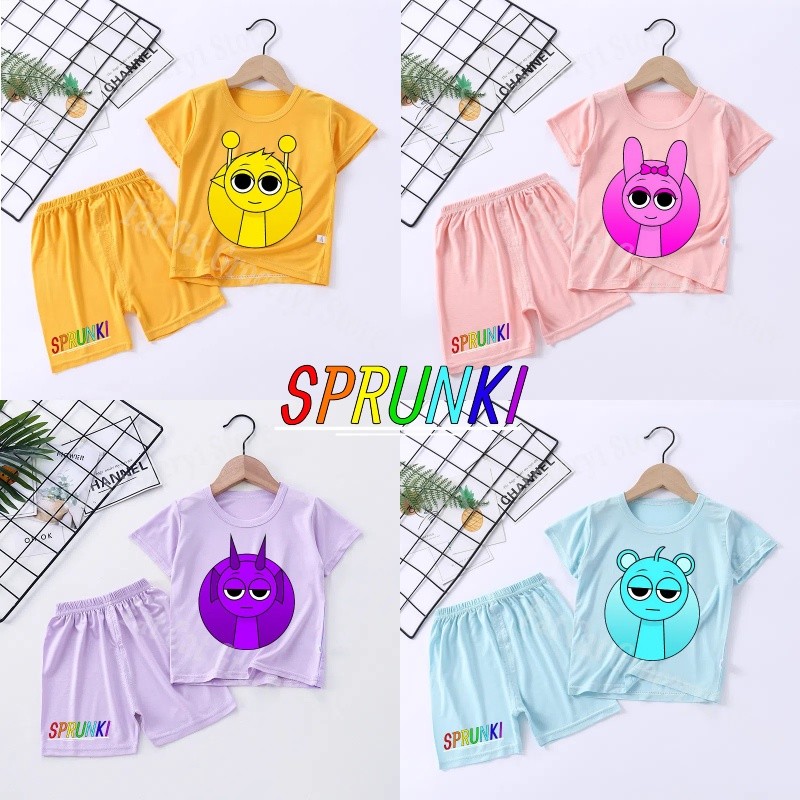 Sprunki เสื้อผ้าเด็กฤดูร้อนสําหรับเด็กชายและเด็กหญิงการ์ตูนชุดนอนกางเกงชุด