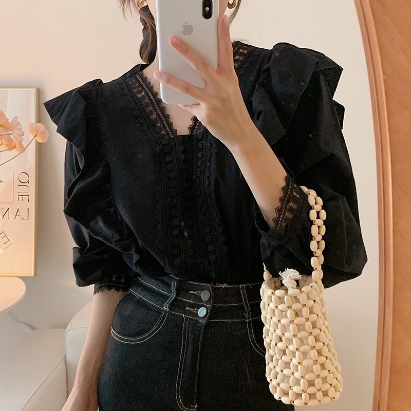 ชุดเสื้อเชิ้ตแขนพัฟหลวมสไตล์เกาหลีฝรั่งเศส แต่งลูกไม้ คอวี ปะติดปะต่อ รัฟเฟิล สุขสันต์วันแต่งงาน EIMN SQRB