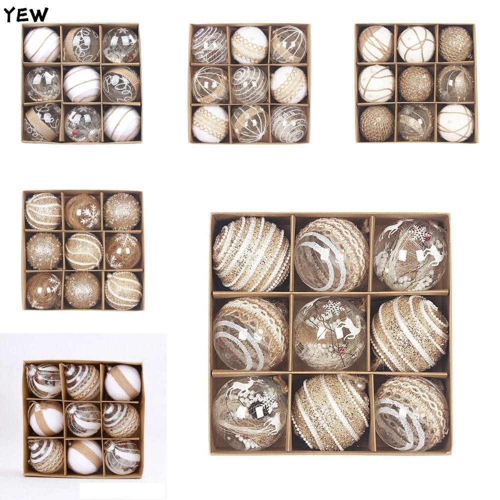 Yew 9 ชิ้นลูกบอลคริสต์มาส,โปร่งใสทอง Glitter Christmas ตกแต่ง Ball, Handmade คู่ Elegant 2025 ปี Xma
