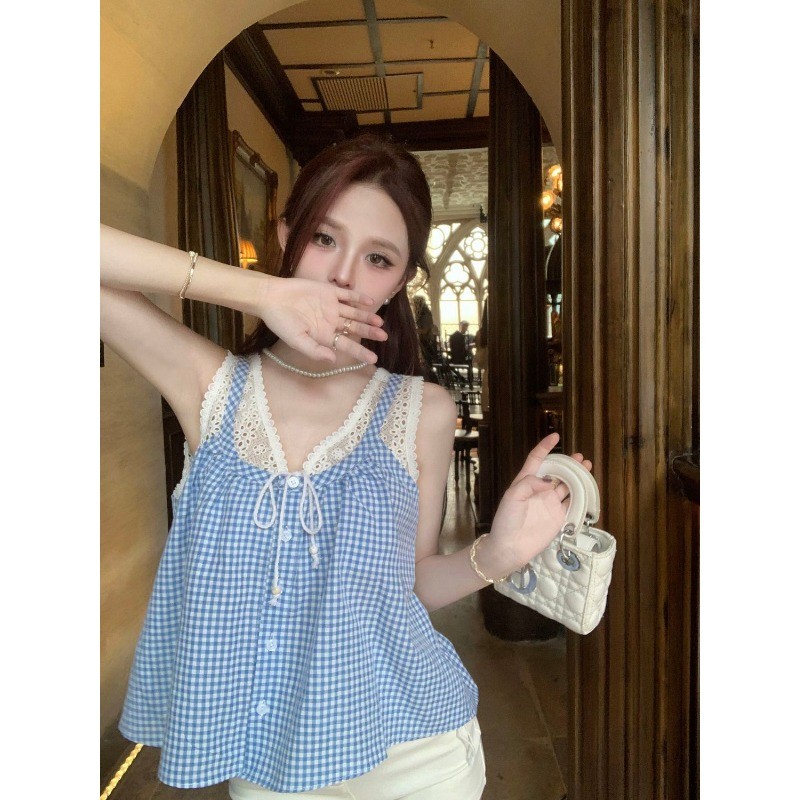 LINNA~ลูกไม้ คอวี เสื้อเชิ้ต ตาหมากรุก เวอร์ชั่นเกาหลี สไตล์ใหม่ สไตล์หวาน - รูปที่ 4