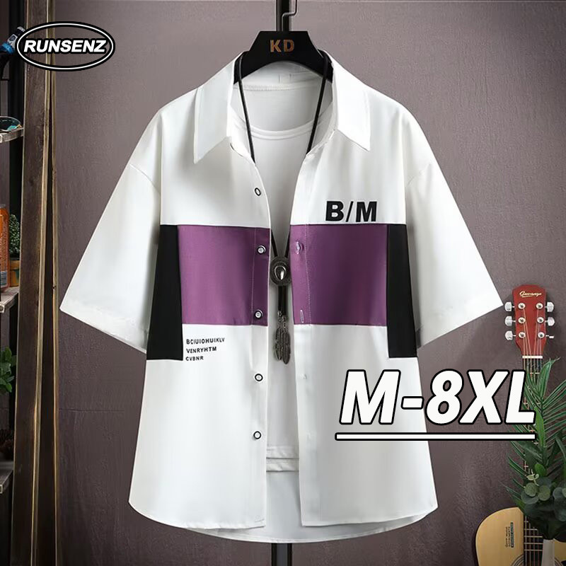 ม-8เอ็กแอล ญี่ปุ่นอินเทรนด์สีบล็อกเสื้อผู้ชายฤดูร้อนสบายๆหลวมขนาดบวกเสื้อแขนสั้น