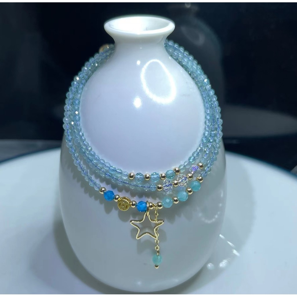 สร้อยข้อมือคริสตัลธรรมชาติสีฟ้า Apatite Apatite โปร่งใส Apatite สามวงกลมผู้หญิงสไตล์