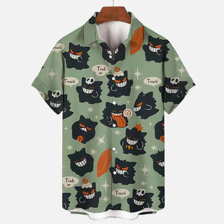 2024 เสื้ออินเทรนด์อะนิเมะ Pokemon Psyduck Gengar Snorlax 3D ดอกไม้เสื้อ Unisex แขนสั้นปุ่มคู่อินเทรนด์ Beach Coat เสื้อ Tops