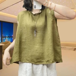 2025 เสื้อเชิ้ตผ้าฝ้ายลินินแขนกุดคอวีขอบระบายใหม่สำหรับผู้หญิงในฤดูร้อน