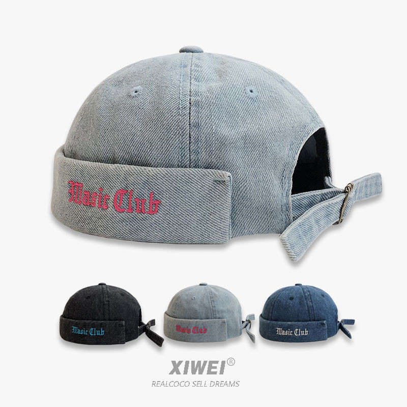 Face-appearing Small Japanese Retro ปัก Denim Landlord หมวกหญิง All-Match Face-appearing Small Dome Brimless Yuppie Street Hi