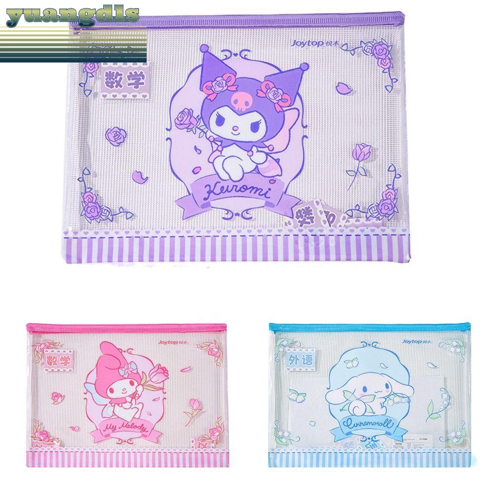 Yuang โฟลเดอร์เอกสาร, ซิปตาข่าย Sanrio A4 กระเป๋าเก็บ, น่ารัก Dalmatian Melody Kurome เครื่องเขียนออแกไนเซอร์นักเรียน
