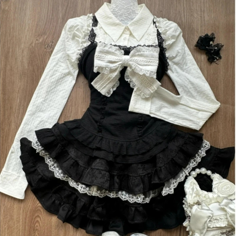 Mn Y2k Aesthetic Lolita Style 3 Piece Set Women Kawaii White Shirt Bow Lace Vest Ruffle Mini Skirts 