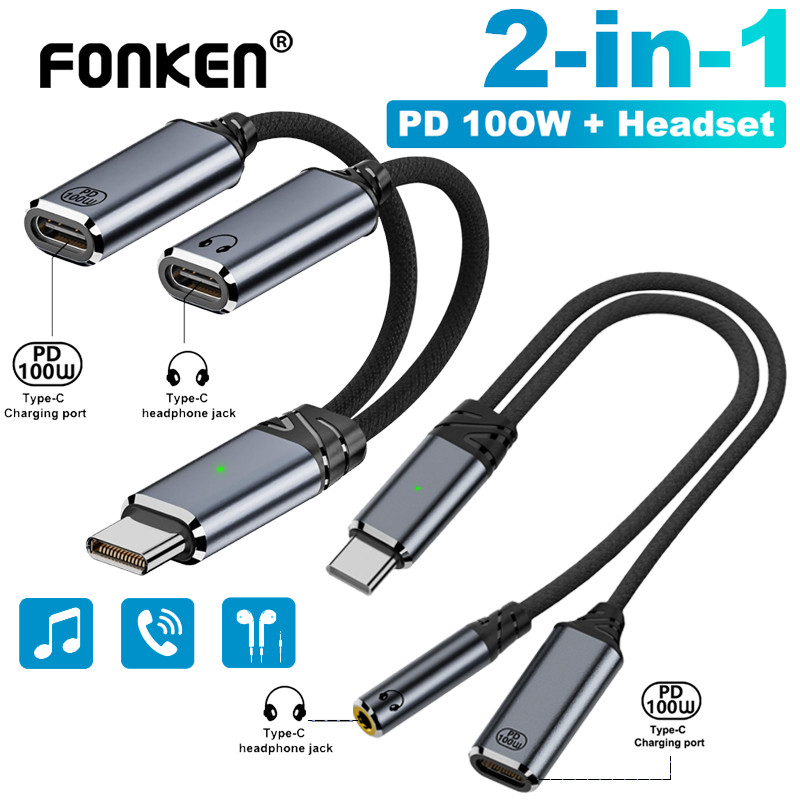 Fonken 2 in 1 USB-C ถึง Type-C 3.5 มม.อะแดปเตอร์หูฟัง Type-C PD100W สายชาร์จสําหรับแล็ปท็อปโทรศัพท์มือถือ