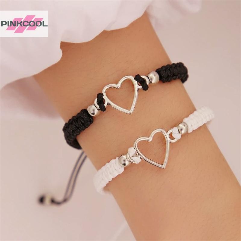 PINKCOOL Love Heart สร้อยข้อมือคู่สําหรับคนรักผู้หญิงผู้ชาย Hand Crafted ปรับเชือกเพื่อนความสัมพันธ์การจับคู่สร้อยข้อมือเครื่องประดับของขวัญ HOT