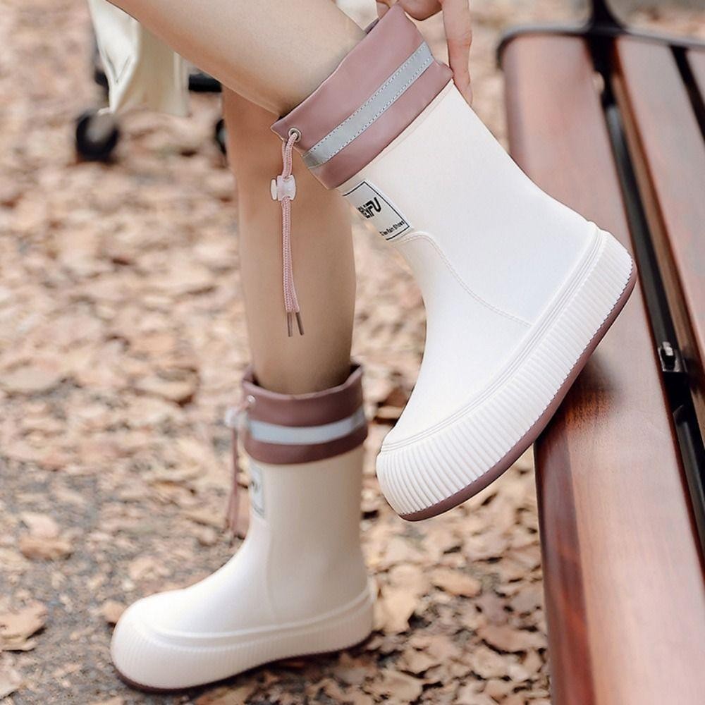Rookiedd4 รองเท้ากันฝนผู้หญิง, Letter Anti Slip การ์ตูน Rainshoes, แฟชั่นกันน้ํา Drawstring หนาลูกวัว Galoshes Snowing