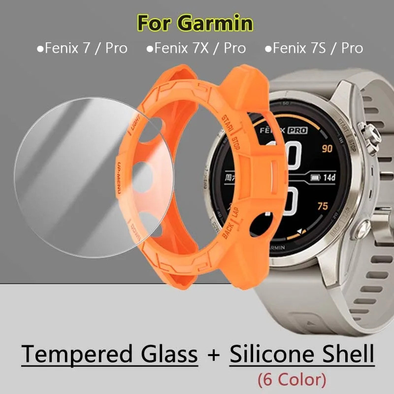 9h กระจกนิรภัย + Soft TPU Shell สําหรับ Garmin Fenix 7 7S 7X/Pro SmartWatch คลุมทั้งหมดฟิล์มป้องกันห