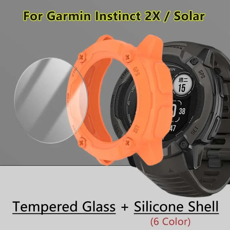 9h กระจกนิรภัย + Soft TPU Shell สําหรับ Garmin Instinct 2X Crossover Solar Tactical SmartWatch คลุมทั้งหมดฟิล์มป้องกันหน้าจอซิลิโคนเหลวกันชนโล่กรณี