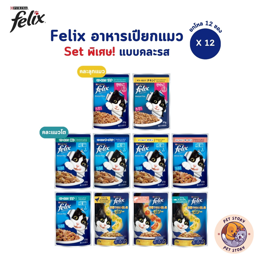 [พิเศษ!! Set คละรส] FELIX เฟลิกซ์ อาหารเปียกแมว แบบคละรสชาติ ขนาด 85 กรัม ยกโหล 12 ซอง