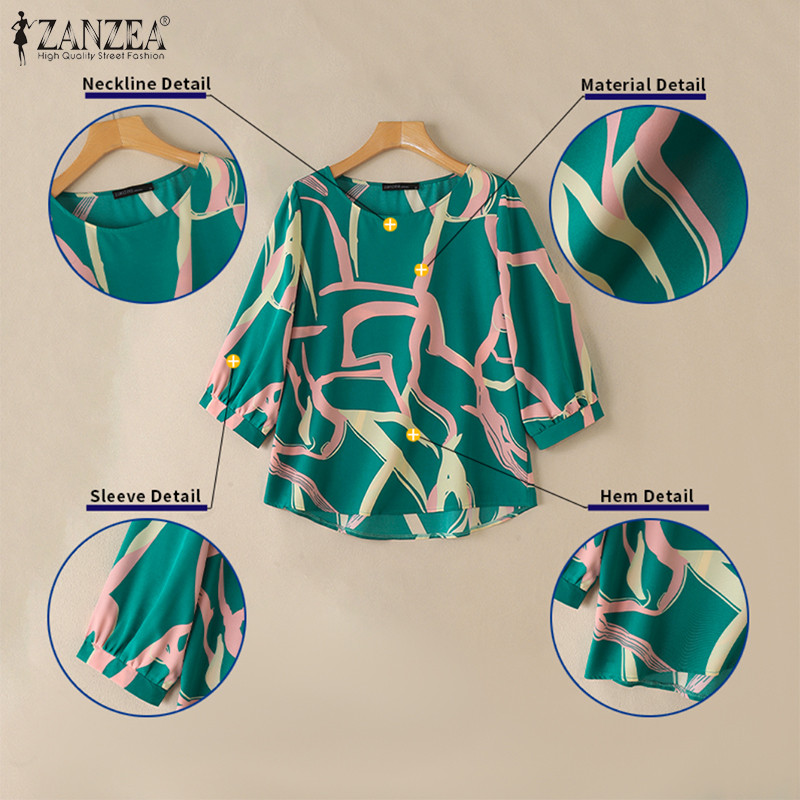 ZANZEA ซานเซีย ผู้หญิงลําลองรอบคอเรขาคณิตพิมพ์หลวม3/4แขนเสื้อ — صورة 7