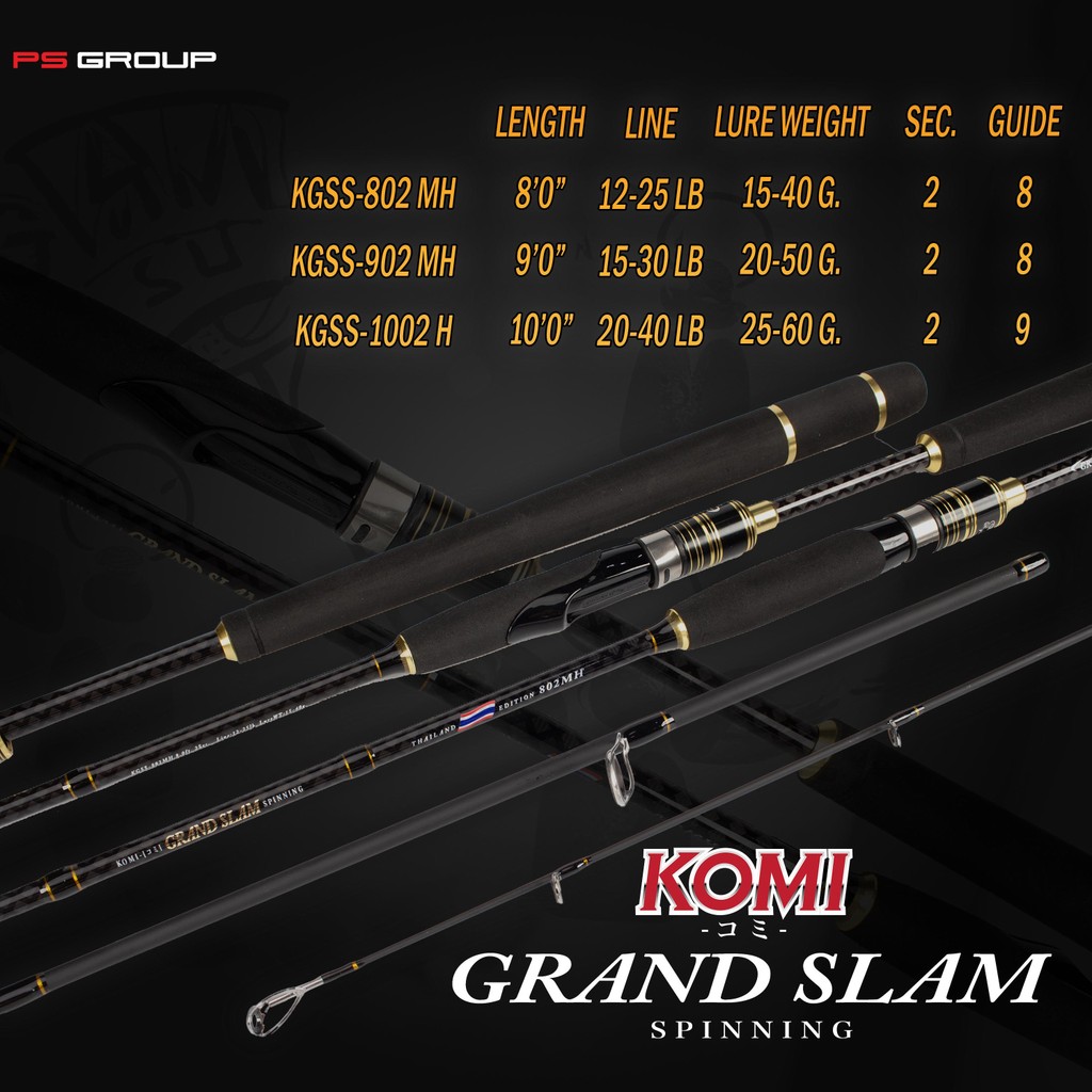 คันสปินนิ่ง Komi Grand Slam ชายฝั่ง คัน 2 ท่อนต่อกลาง Reel Seat Fuji มี 3 เวท ราคาเริ่มต้น 545 บาท
