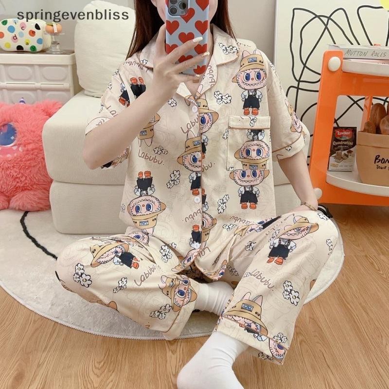 Springevenbliss Casual Home หลวมน่ารักการ์ตูนกางเกงขายาวแขนยาวชุดนอนชุดสองชิ้น Springevenbliss